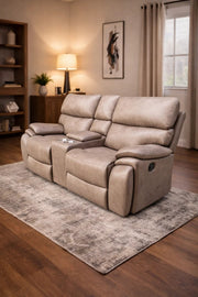 Premium Double Recliner Loveseat with Center Console Cup Holders Light Brown Home Theater Sofa