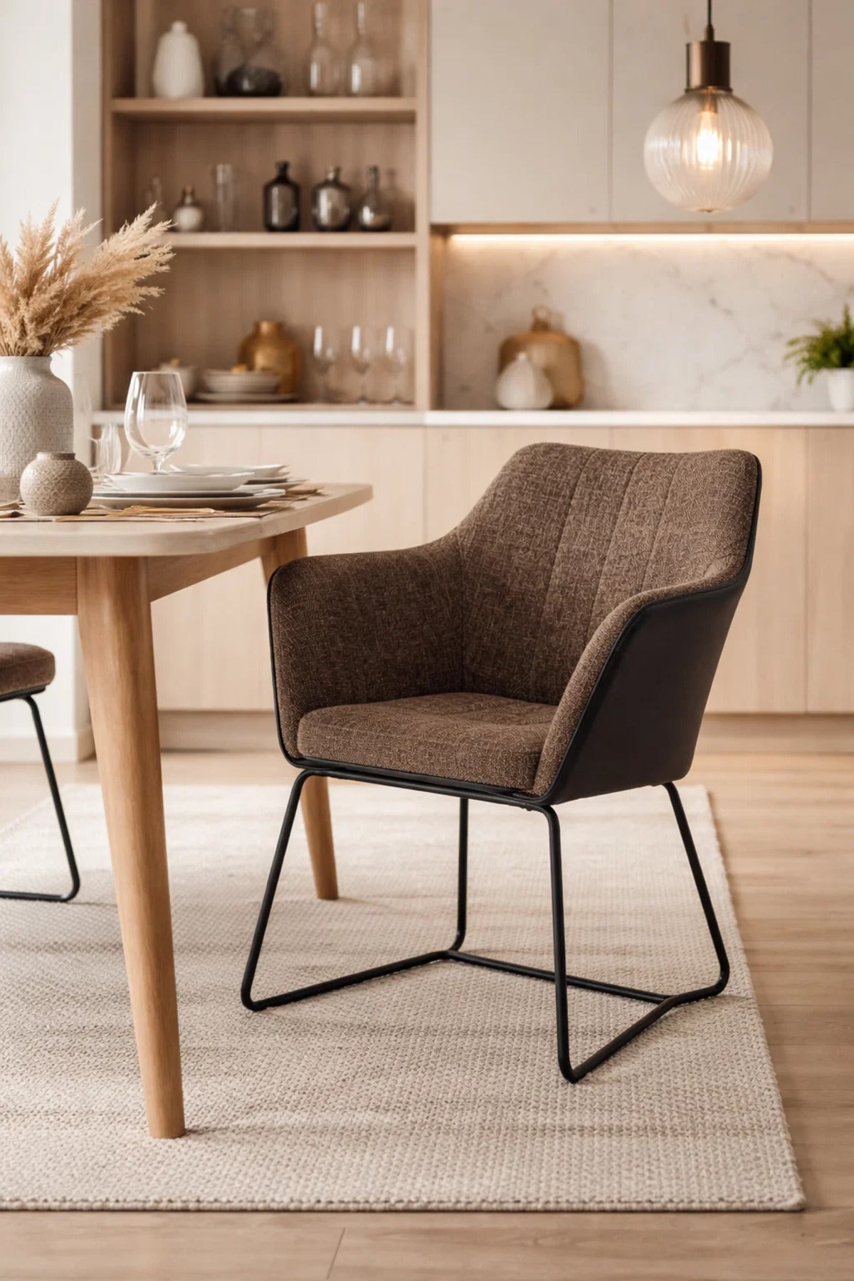 Modern Industrial Brown Fabric Dining Chair with Black Faux Leather Back and Metal Sled Base Legs
