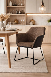 Modern Industrial Brown Fabric Dining Chair with Black Faux Leather Back and Metal Sled Base Legs