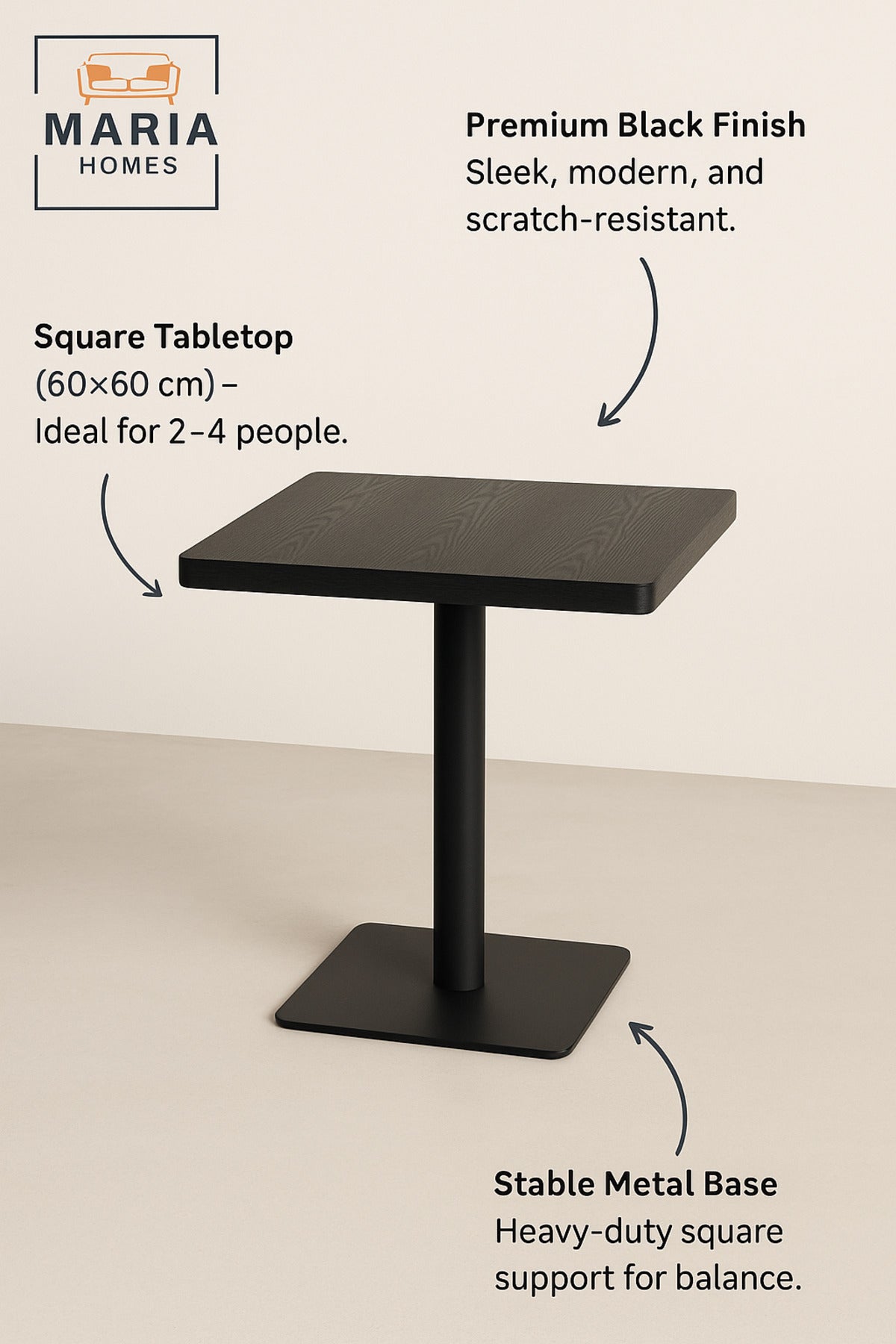 Black Square Dining Table 60_60_74 cm Ð Modern CafŽ & Restaurant Table with Metal Base