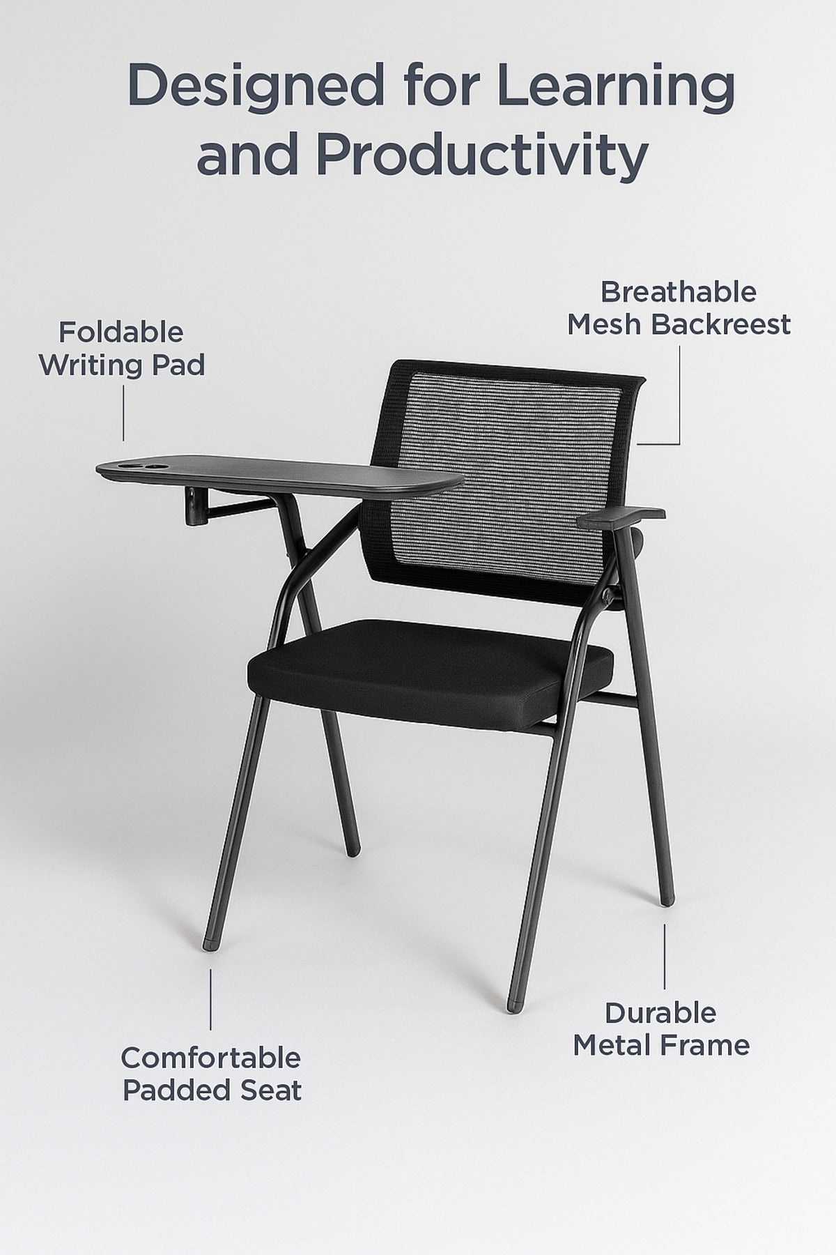 Black Study Chair with Writing Pad Ð Modern Mesh Training Chair with Armrest and Foldable Desk