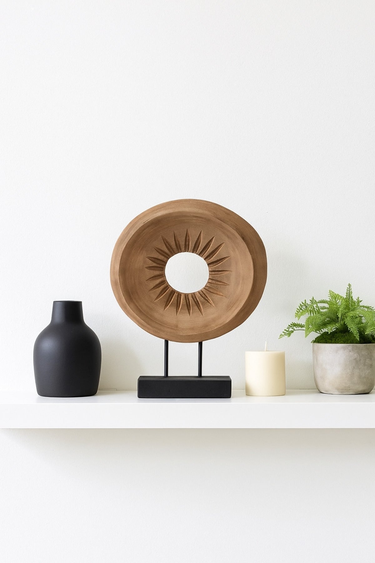 Walnut and Black Wooden Round Decorative Sculpture on Stand Ð Modern Home Accent