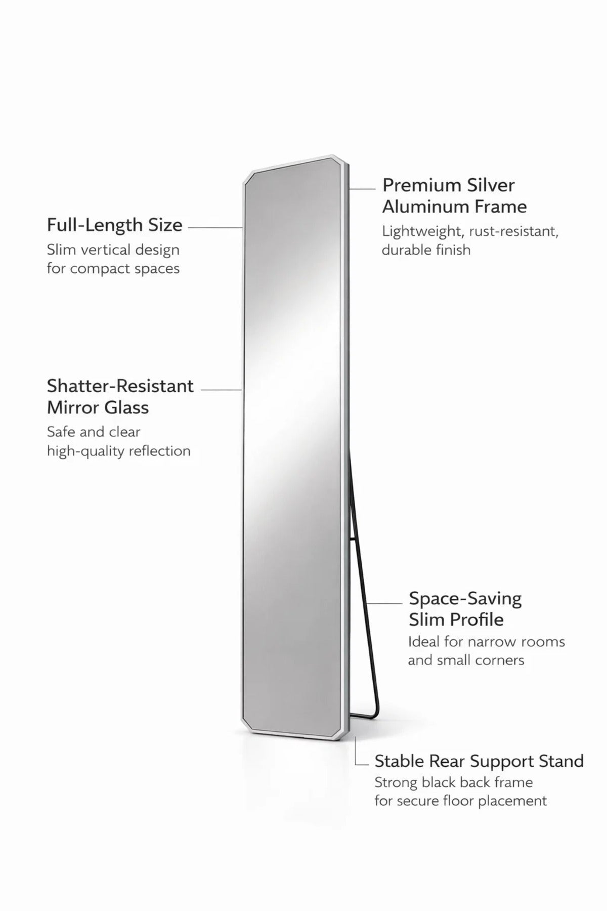 Silver Aluminum Full Length Floor Mirror 160x40cm Shatter Resistant Modern Standing Bedroom