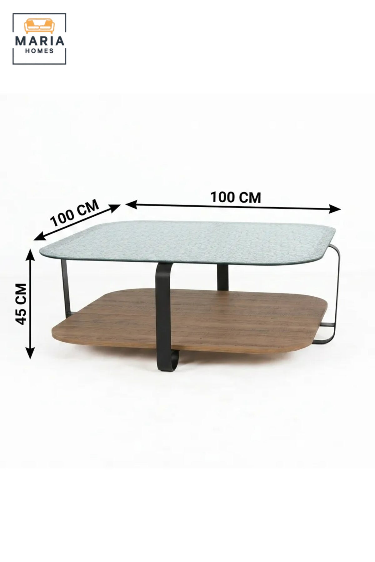 Modern Square Coffee Table with Textured Glass Top, Wooden Lower Shelf and Curved Frame, Two-Level Center Table for Living Room, Lounge and Office