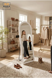 Full Length Arched Floor Mirror √ê White Wooden Frame, Free Standing with Metal Stand