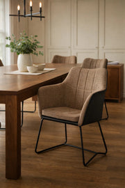 Premium Brown Fabric and Black Leather Dining Armchair with Metal Legs for Modern Living Room Decor