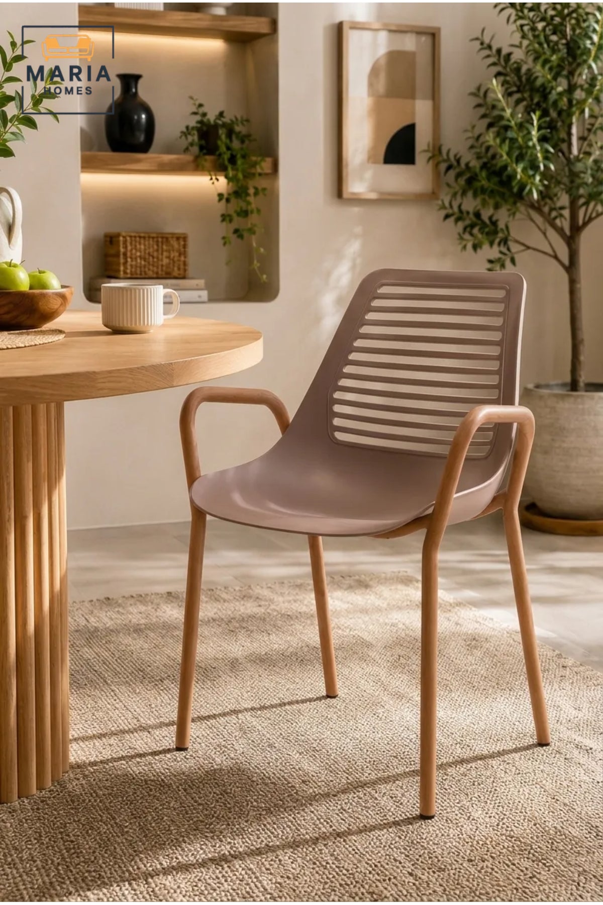 Taupe Plastic Dining Chair with Wooden Armrests Ð Modern Scandinavian Dining Chair with Natural Wood Legs for Dining Room, Kitchen & CafŽ
