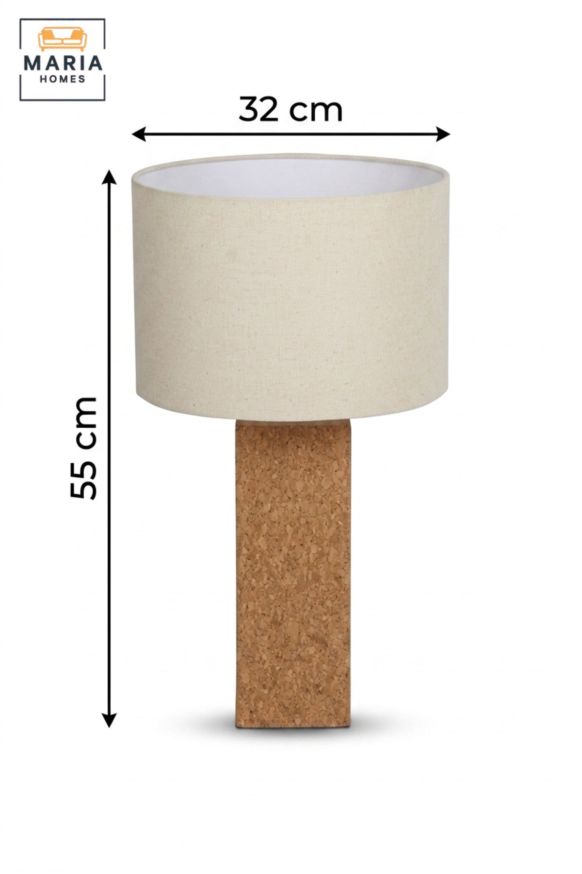 Modern Cork Table Lamp with Beige Drum Fabric Shade and Slim Rectangular Textured Base for Bedroom, Living Room, Office, Hotel and Bedside Décor