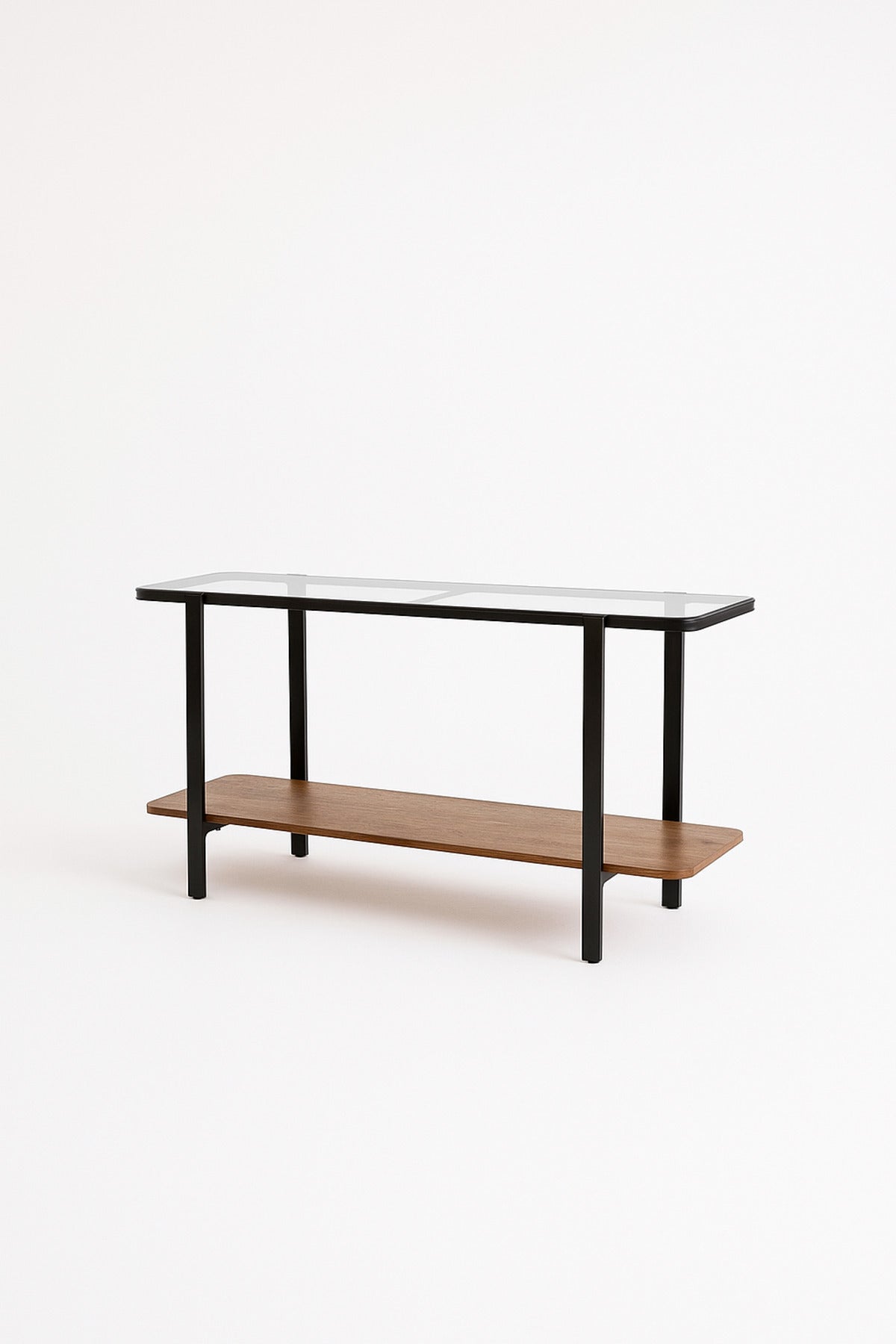 Modern Console Table with Glass Top Ð 140_40_80 cm | Brown Wood Shelf and Black Metal Frame