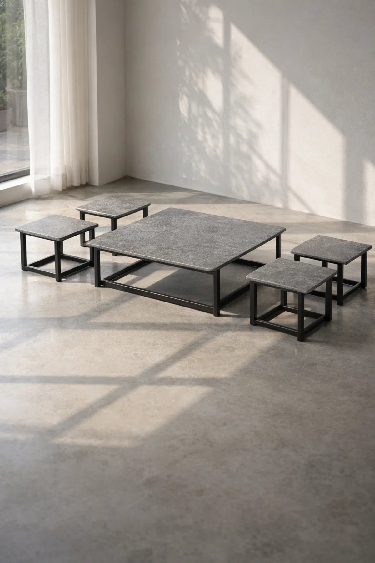 Stylish 5-Piece Grey Low Center Table Set with 4 Matching Stools for Modern Floor Seating Decor