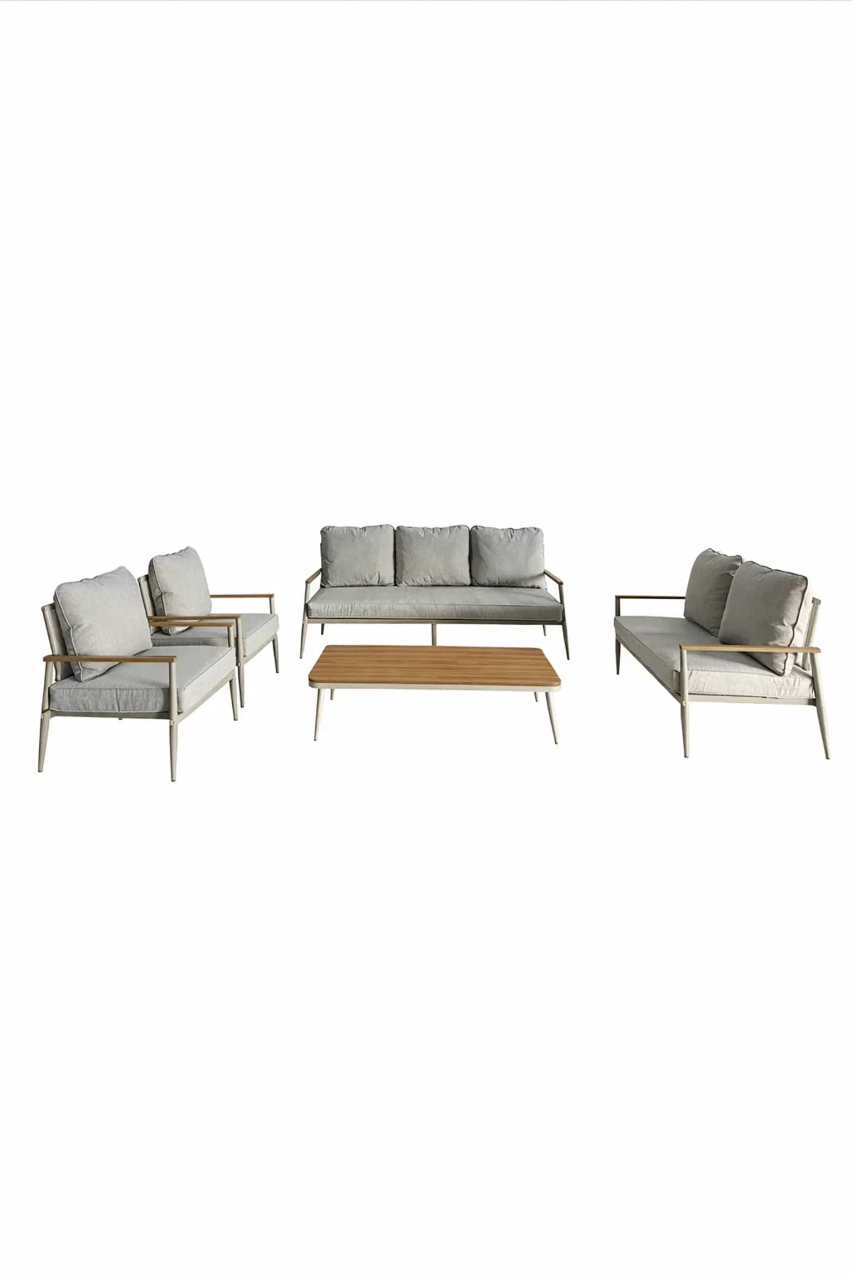 Modern 7-Piece Light Grey Sofa Set with Wooden Coffee Table √ê Contemporary Living Room Furniture
