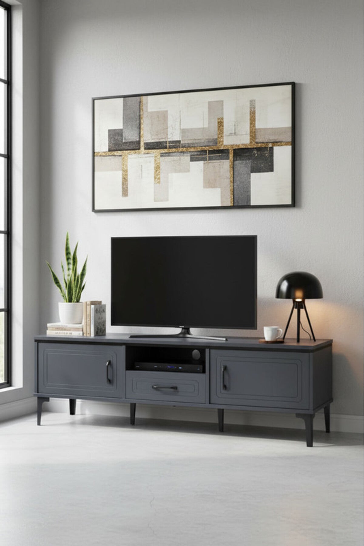 Sleek Dark Grey TV Table with Storage Drawers and Open Shelf