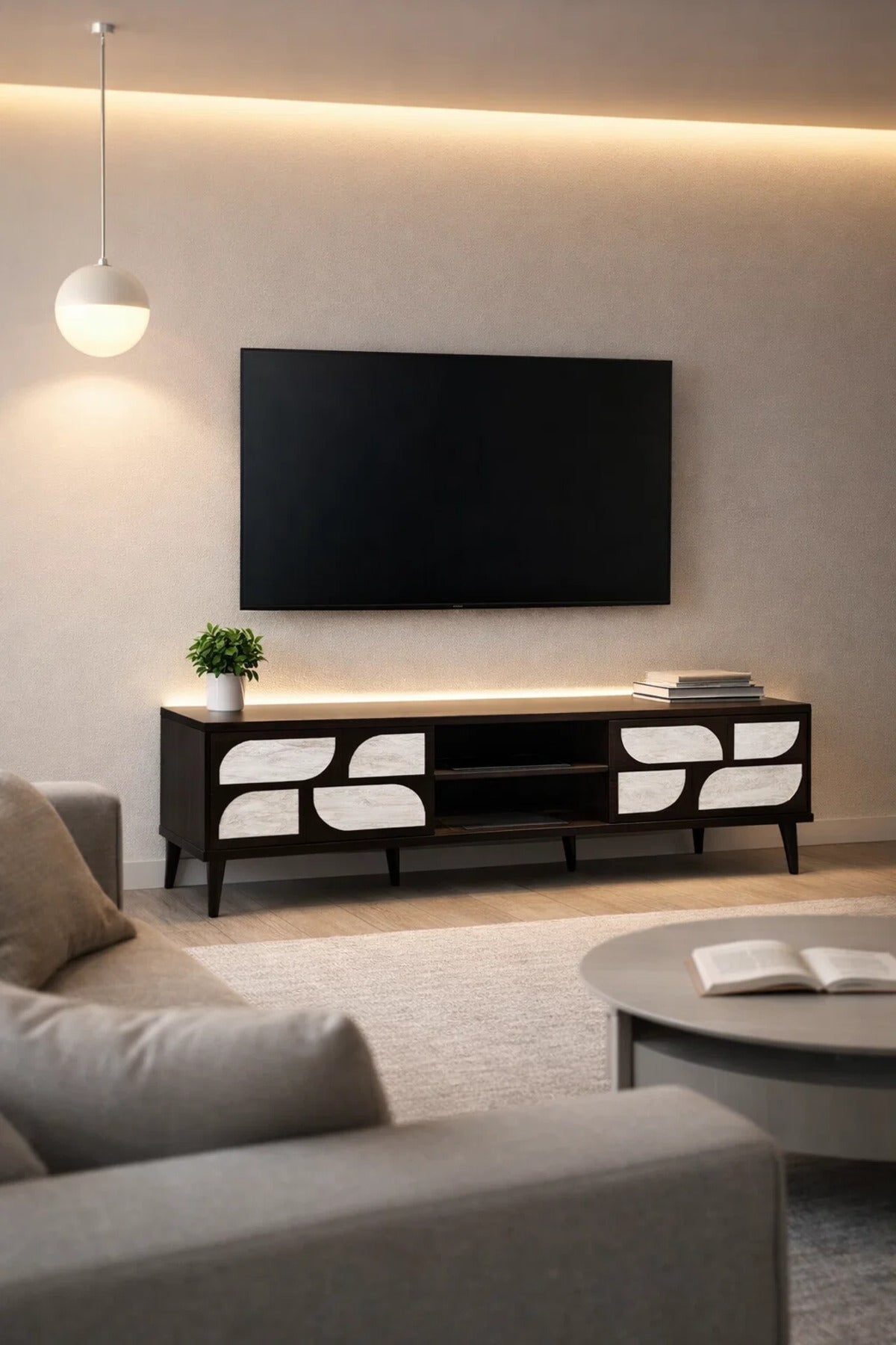 Premium 180cm TV Stand Media Unit with Artistic White Door Panels and Open Shelf for Living Room