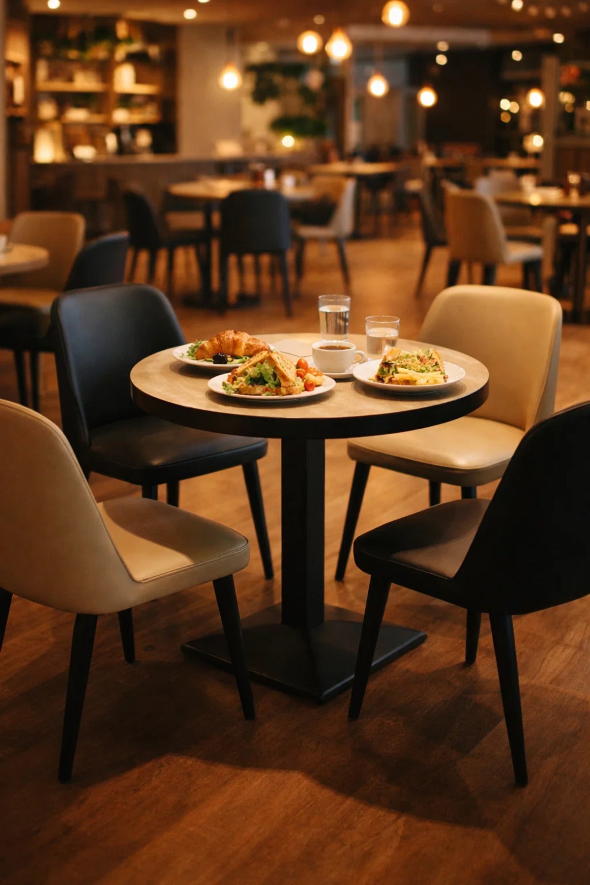 Modern Beige Melamine Round Dining Table Black Metal Pedestal Base 70cm for Cafe and Kitchen