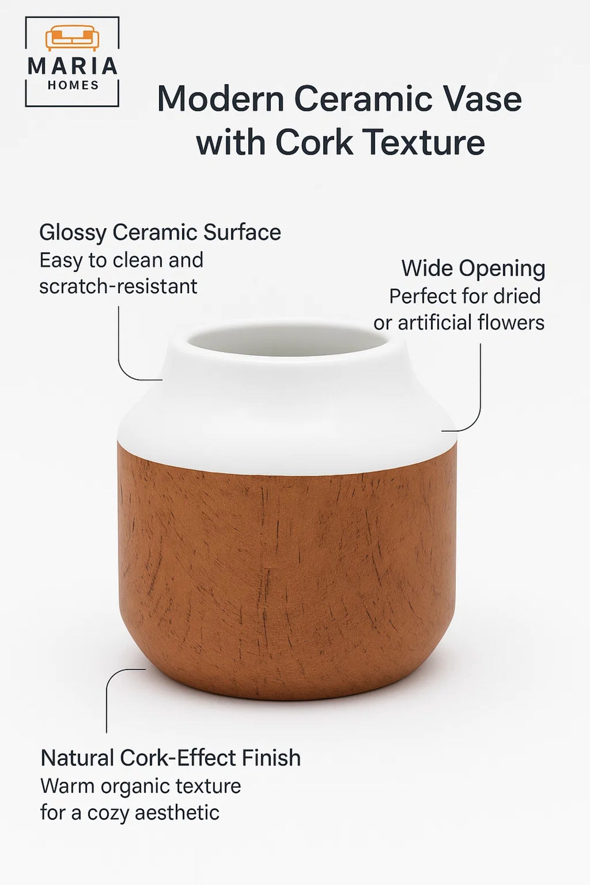 White and Cork Effect Ceramic Vase – Small Modern Decorative Flower Pot with Glossy Finish