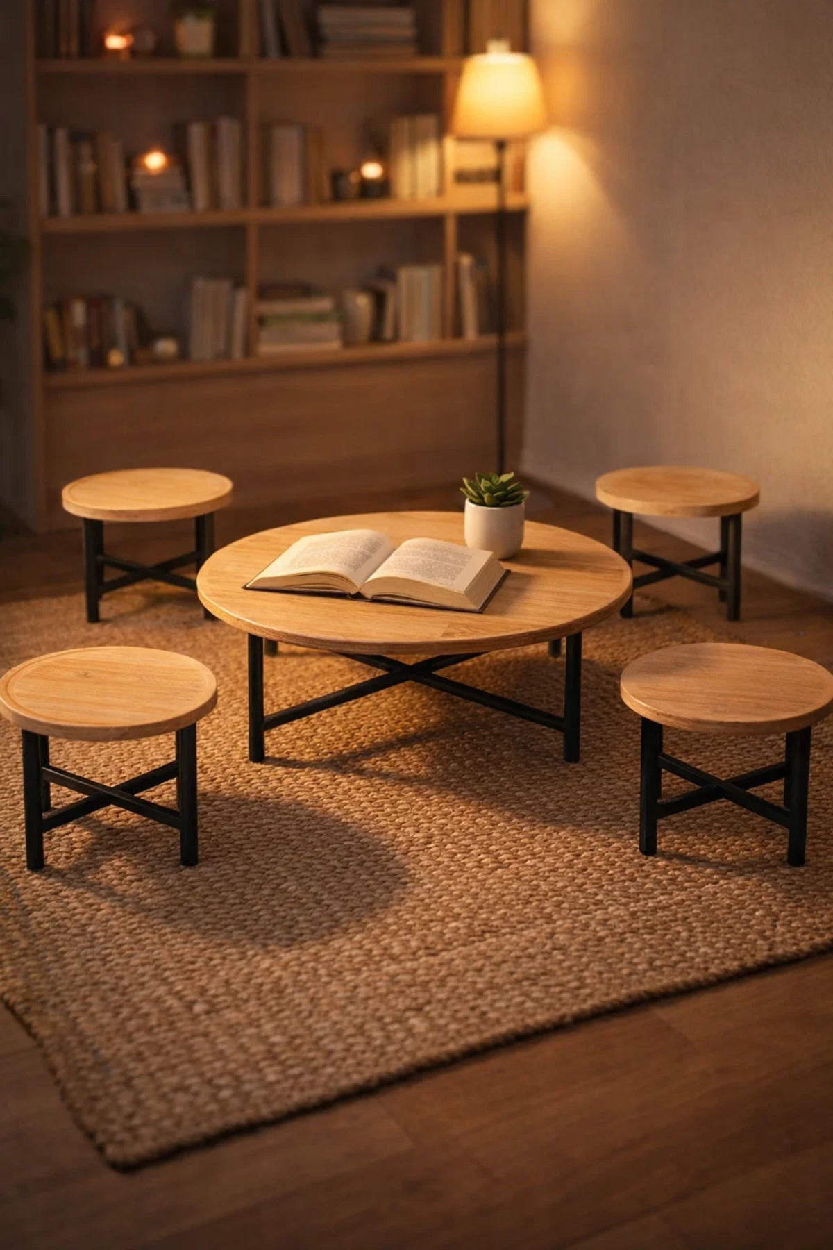 Modern Round Wood Center Table Set 1+4 with Black Metal Legs for Stylish Living Room Floor Use