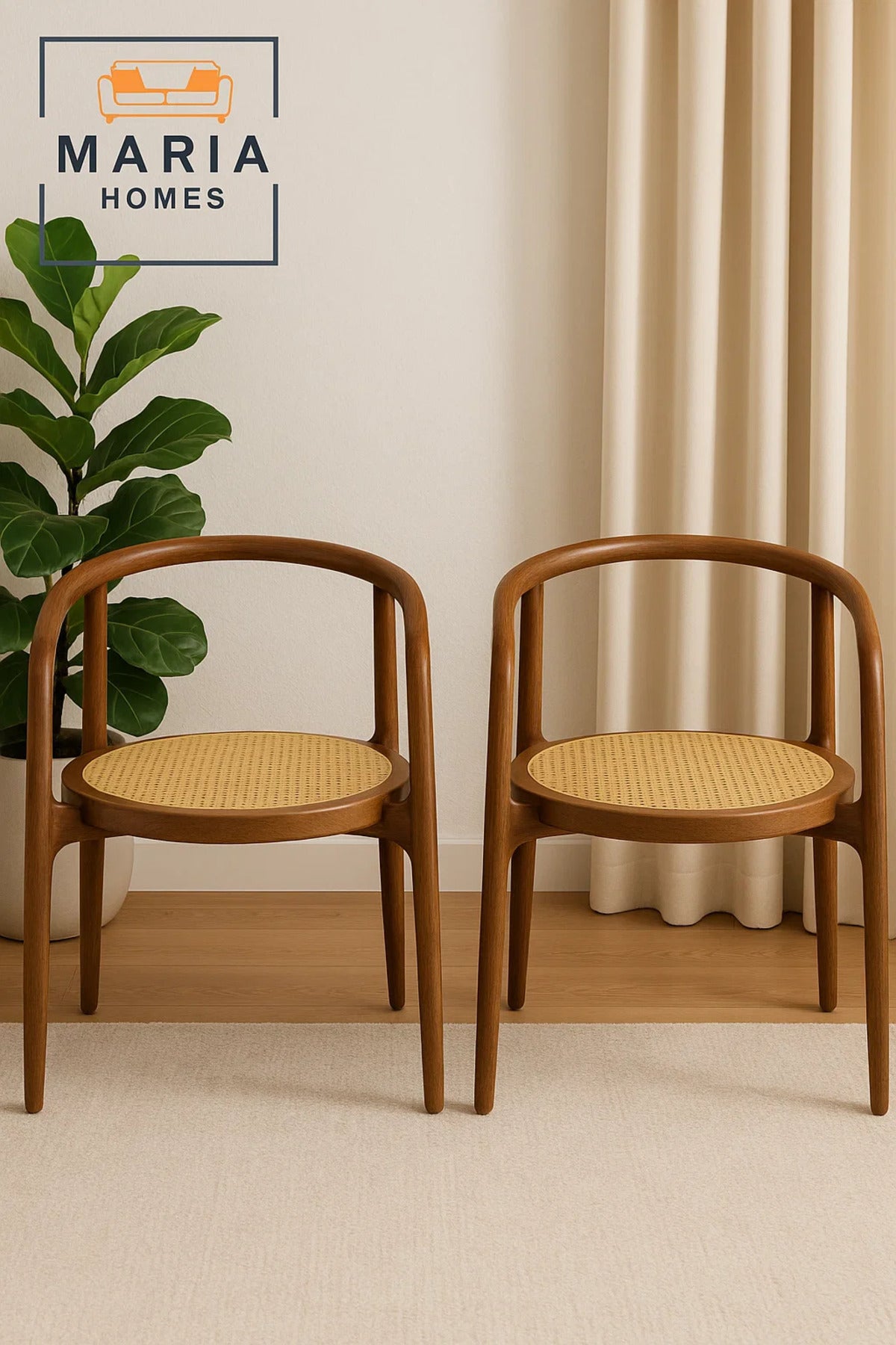 Round Back Walnut Cane Chair Ð Elegant Curved Wood Frame Armchair with Woven Rattan Seat