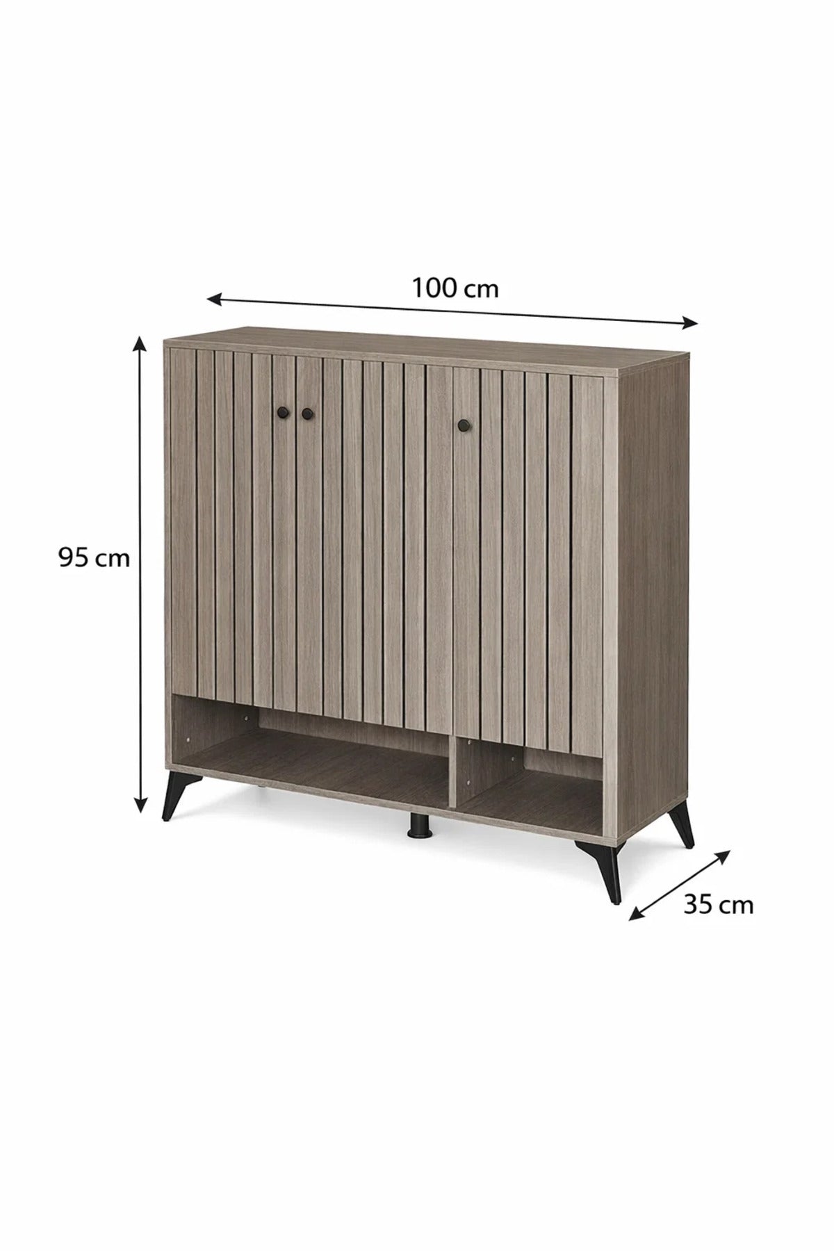 Modern Grey Slatted Shoe Cabinet with Three Doors and Open Bottom Shelf for Hallway Storage 100cm