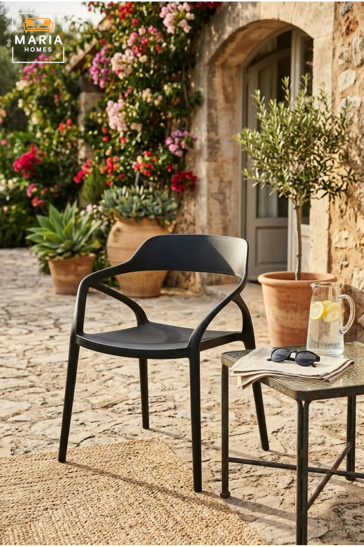 Modern Black Outdoor Armchair – Stackable Patio Dining Chair for Garden, Balcony, Café & Terrace