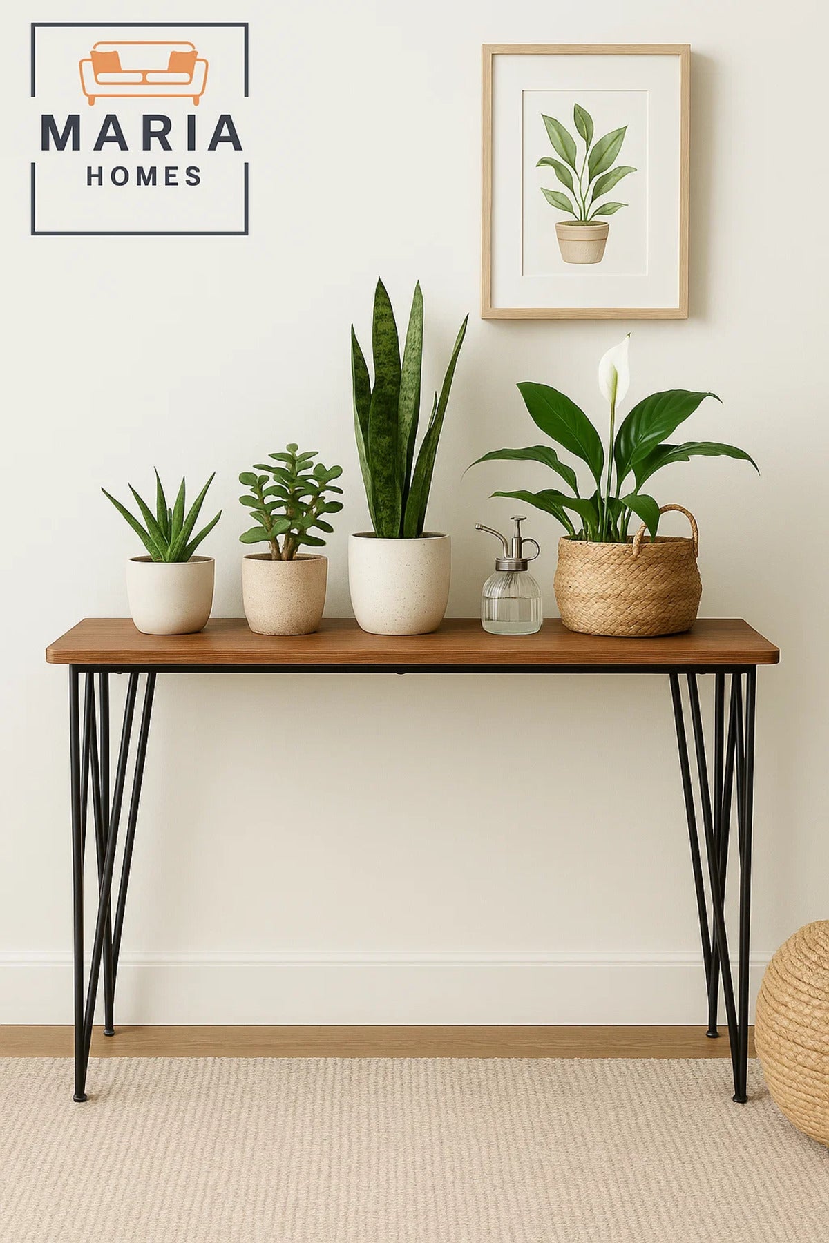 Modern Console Table 120x40x80cm Ð Slim Wood Top with Geometric Black Metal Frame