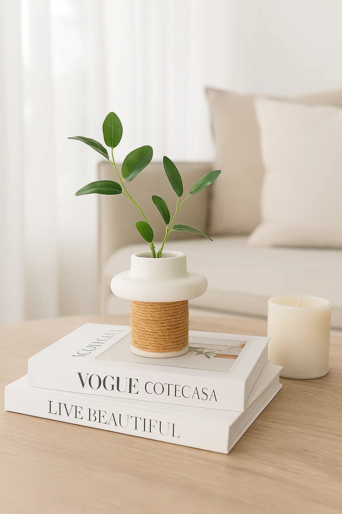 White Ceramic Rope Design Vase Ð Modern Decorative Flower Pot for Home and Office DŽcor