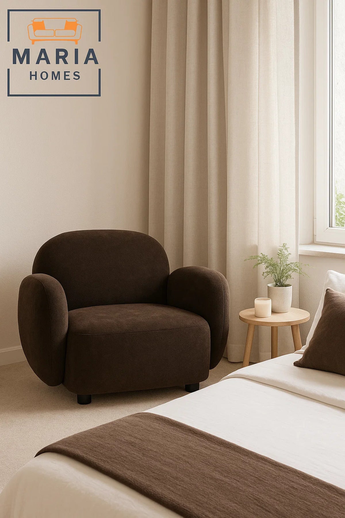 Plush Dark Brown Armchair with Rounded Back and Cushioned Arms