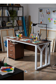 Modern Wooden LIGHT BROWN Office Desk with White Metal Frame & Mobile Drawer Unit