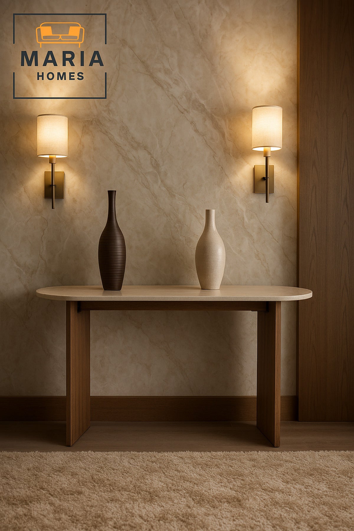 Marble Console Table 140_40_80 cm Ð Modern Entryway Table with Brown Wooden Legs