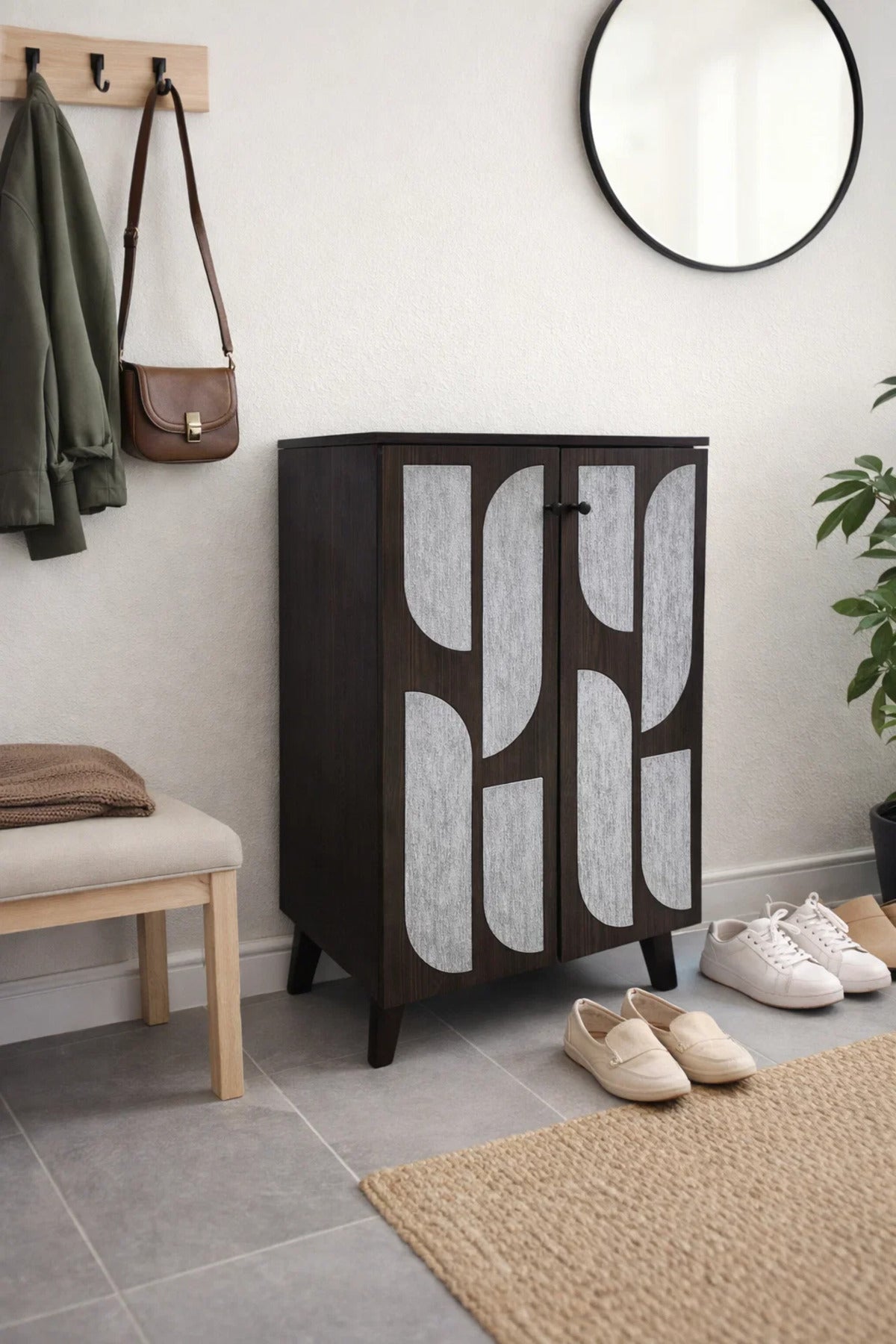 Brown & Grey Shoe Cabinet 60_34_91 cm √ê Modern Shoe Organizer with Decorative Doors