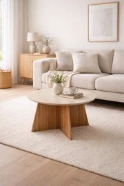 Round Coffee Table Marble Top with Brown Wooden Legs 90 x 45 cm