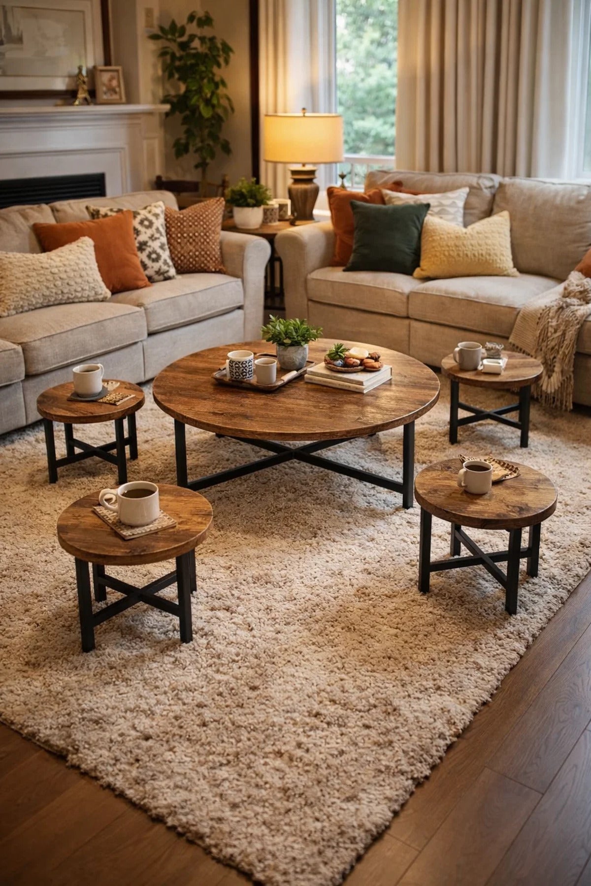 Rustic 5-Piece Coffee Table Set with Wooden Top and Black Metal Frame Modern Design for Living Room