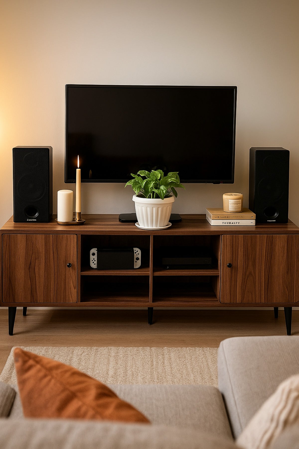 Modern Walnut TV Cabinet 163_40_54 cm Wooden Entertainment Unit with Open Shelves and Side Cabinets