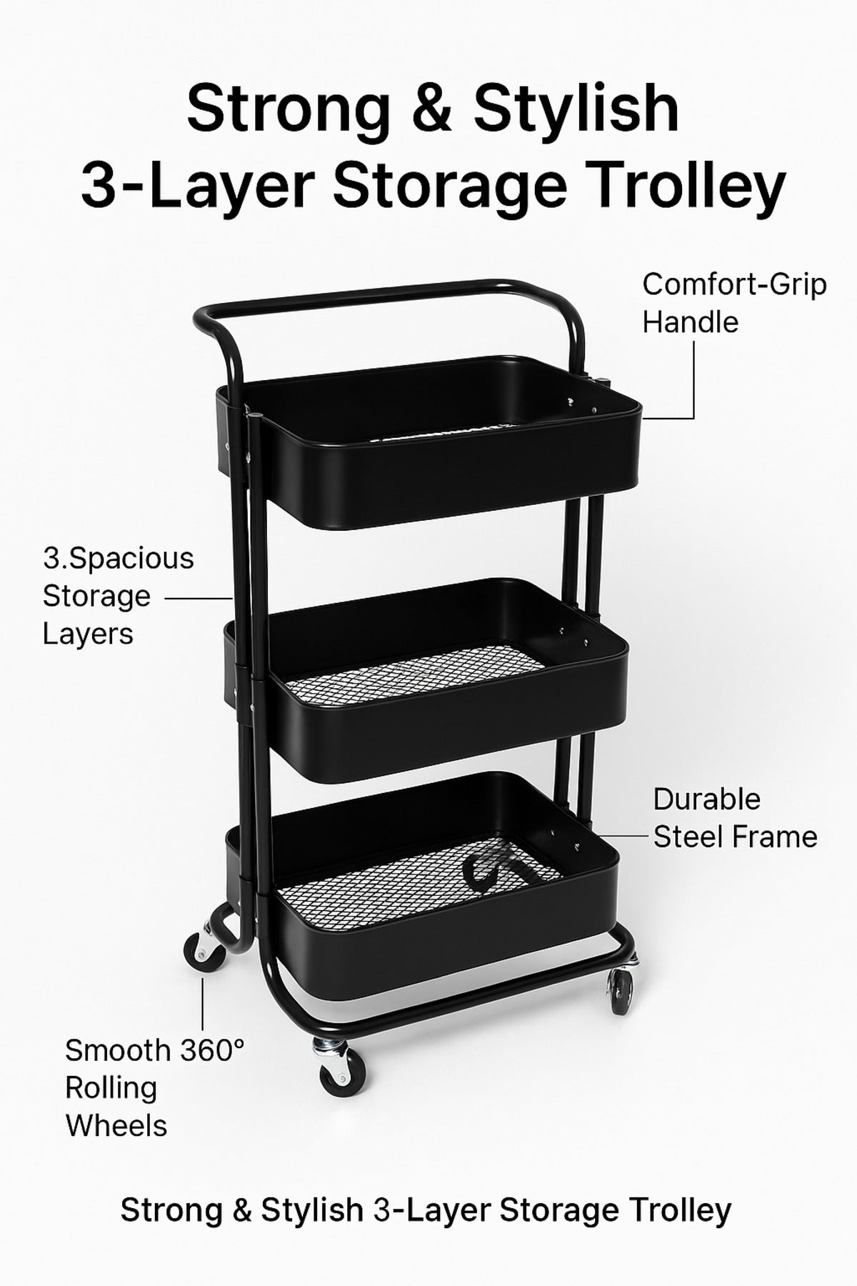 3-Layer Black Metal Storage Trolley with Wheels Ð Modern Rolling Organizer Cart