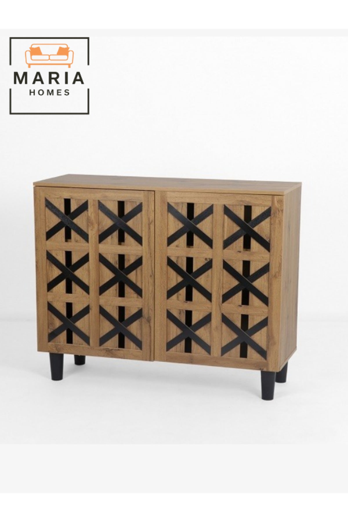 Rustic Wooden Shoe Rack with Black Cross Design Ð3-Door Cabinet Storage Organizer for Entryway