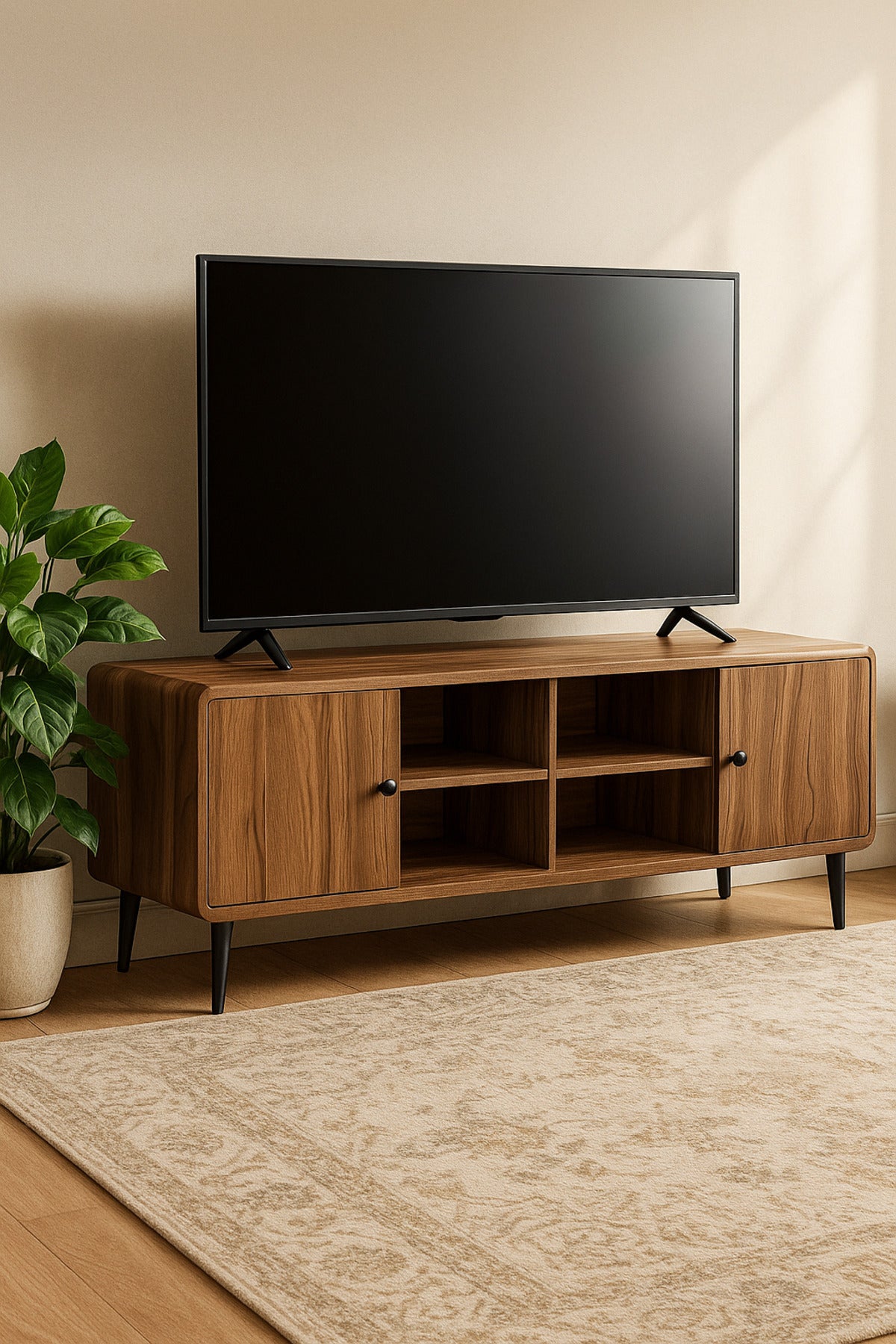 Modern Walnut TV Cabinet 163_40_54 cm Wooden Entertainment Unit with Open Shelves and Side Cabinets