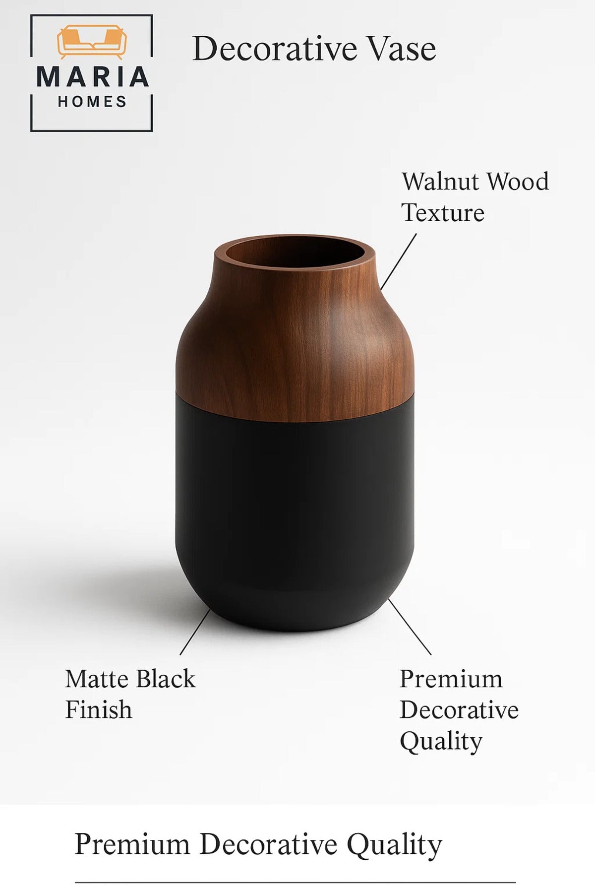 Modern Decorative Vase Ð Matte Black Flower Vase Ð Wood-Effect Home Decor Accessory