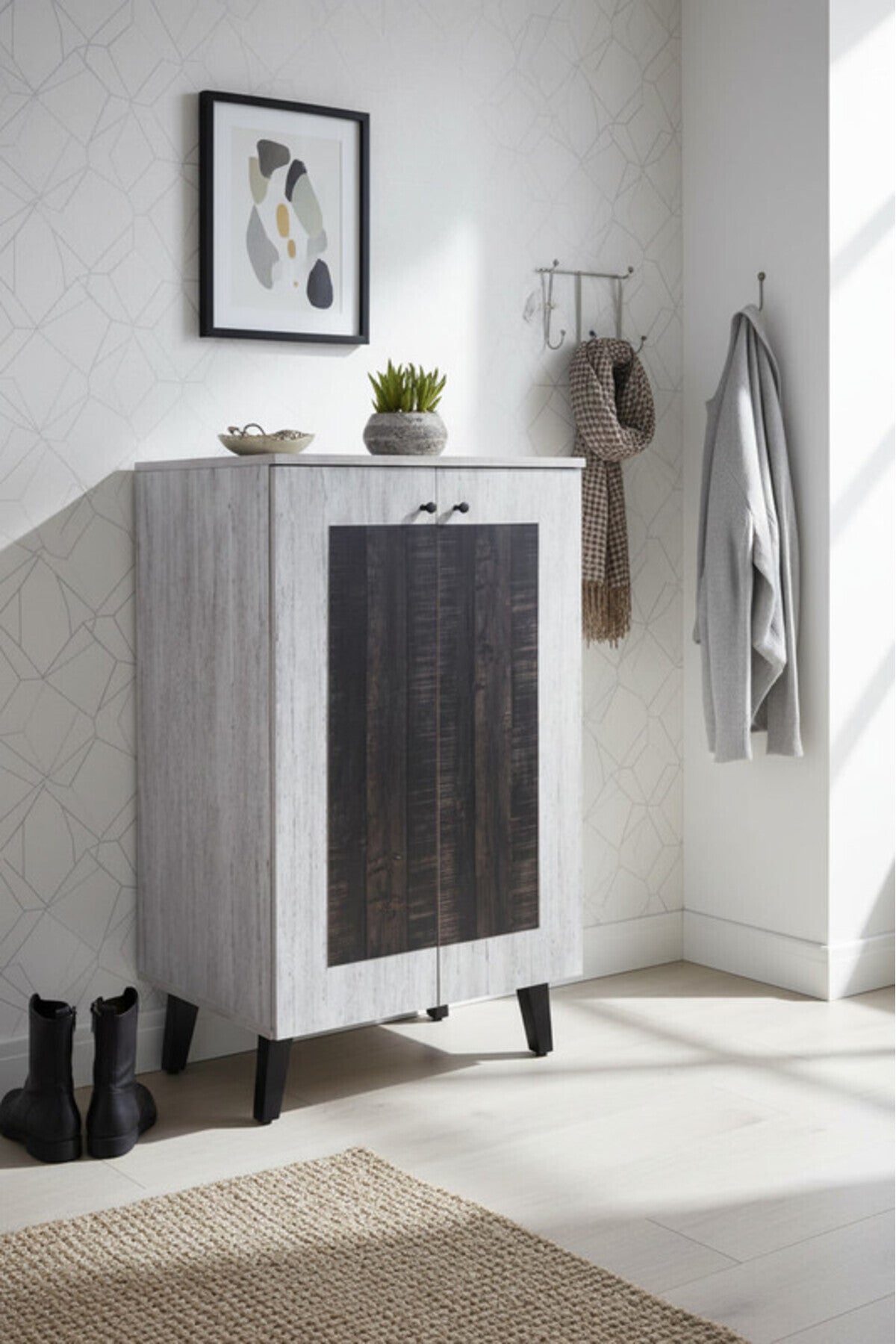 Modern GREY.B Storage Cabinet with Black Textured Panel & Elevated Legs
