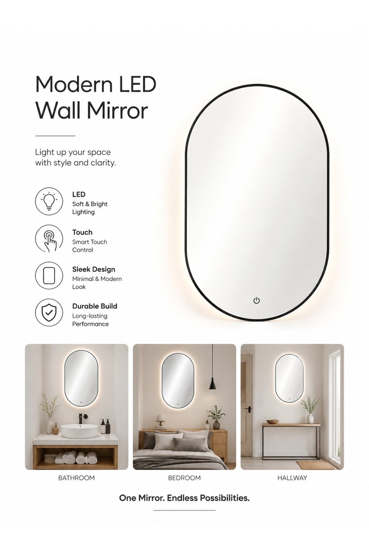 Minimalist Oval LED Wall Mirror with Touch Sensor & Warm Backlight √ê Modern Decorative
