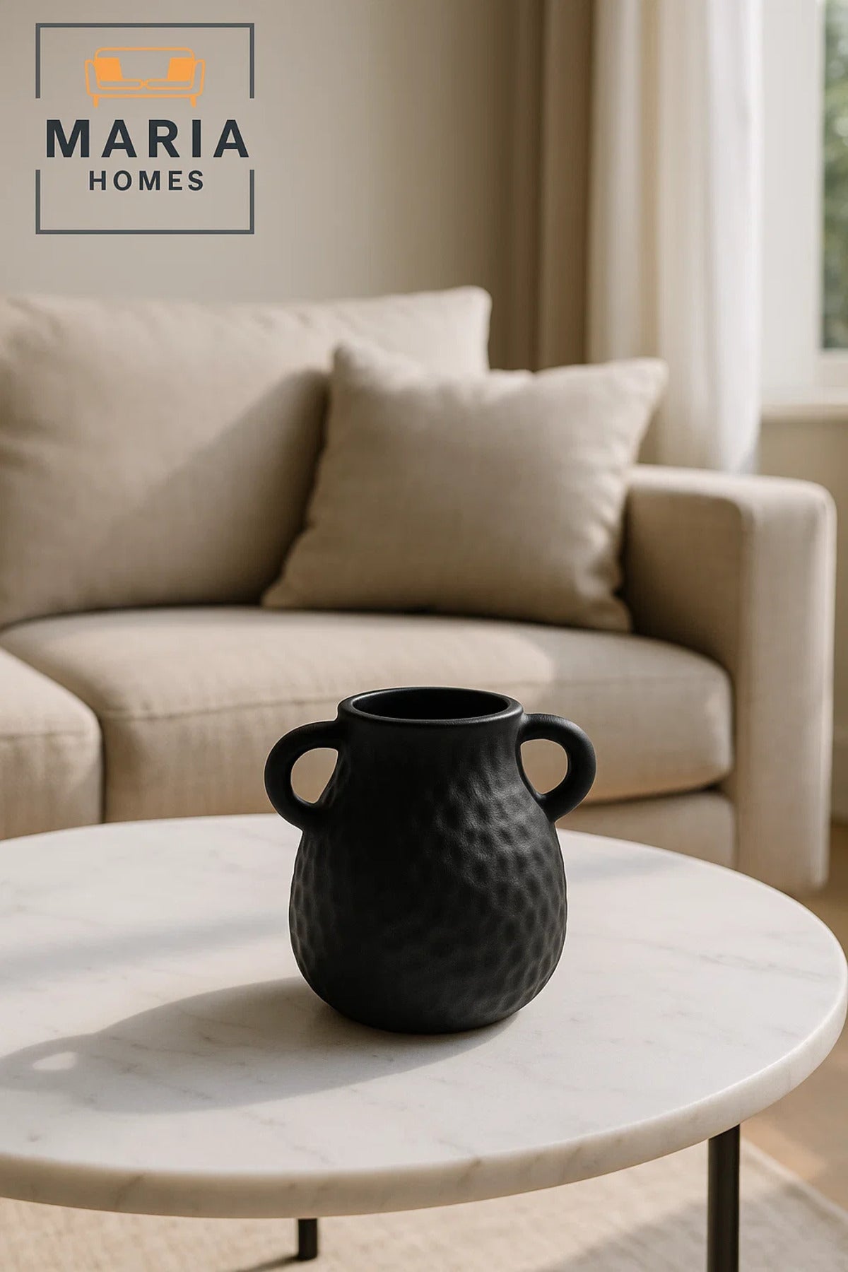 Modern Black Decorative Vase Ð Textured Ceramic Vase with Handles for Home Decor