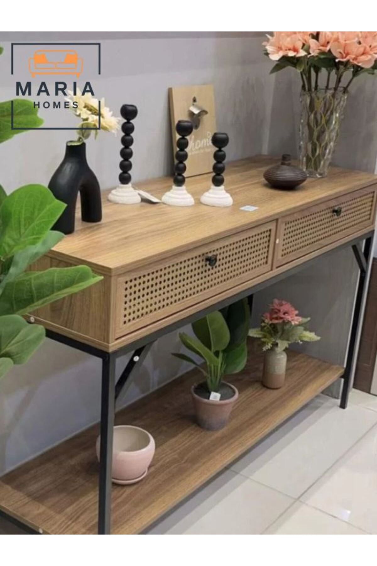 Modern Industrial Console Table with Ratan Storage Drawers Ð 120x35x40cm for Entryway or Living Room