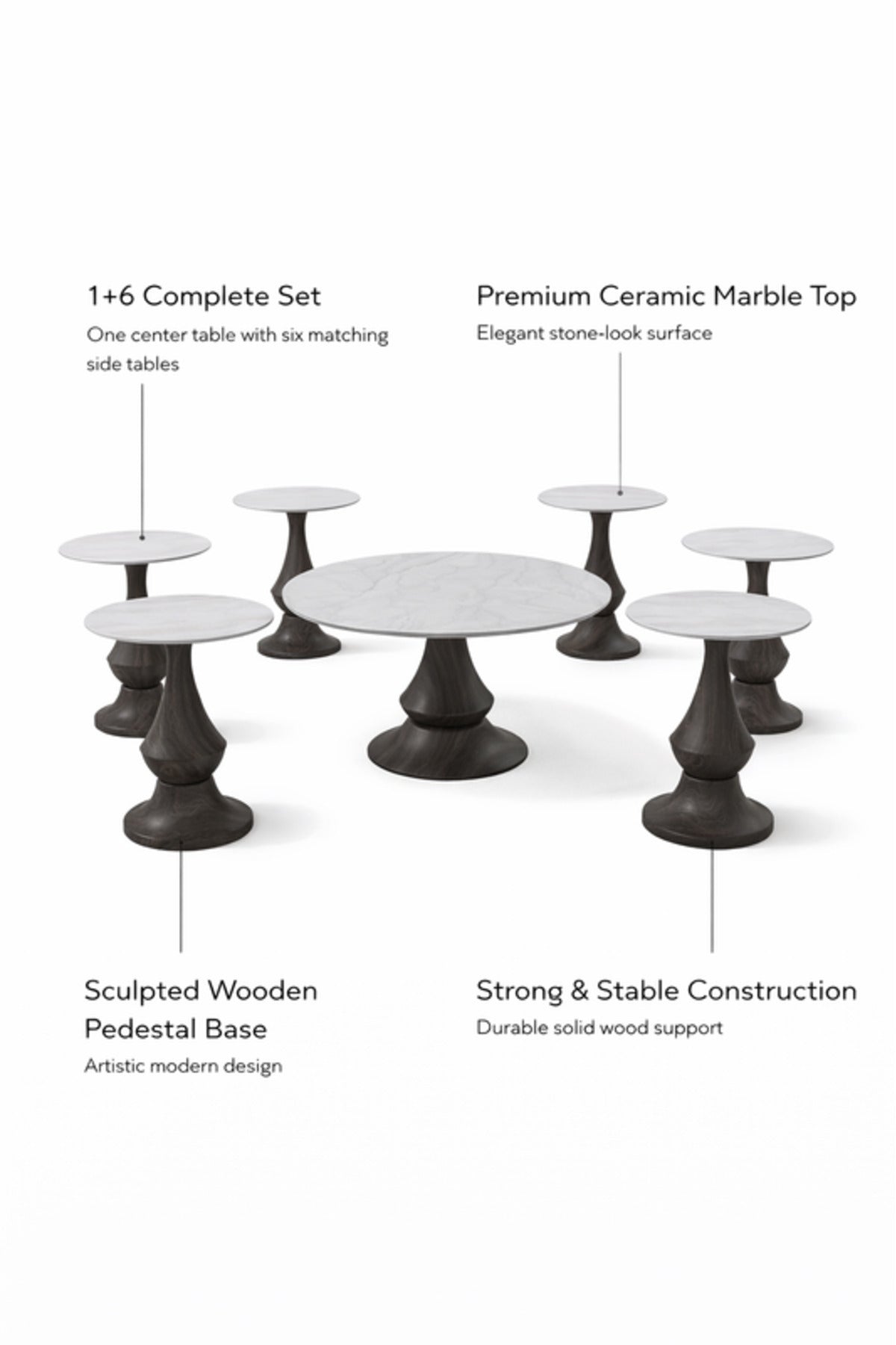 Luxury Ceramic Coffee Table Set 1+6 √ê Marble Top with Sculpted Wood Base