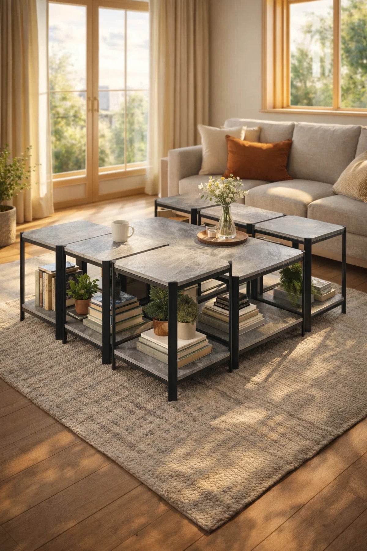 Modern Grey Coffee Table Set with Side Tables and Storage Shelves modern grey coffee