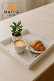Square Plastic Serving Tray with Neutral Linear Block Pattern Ð White Frame
