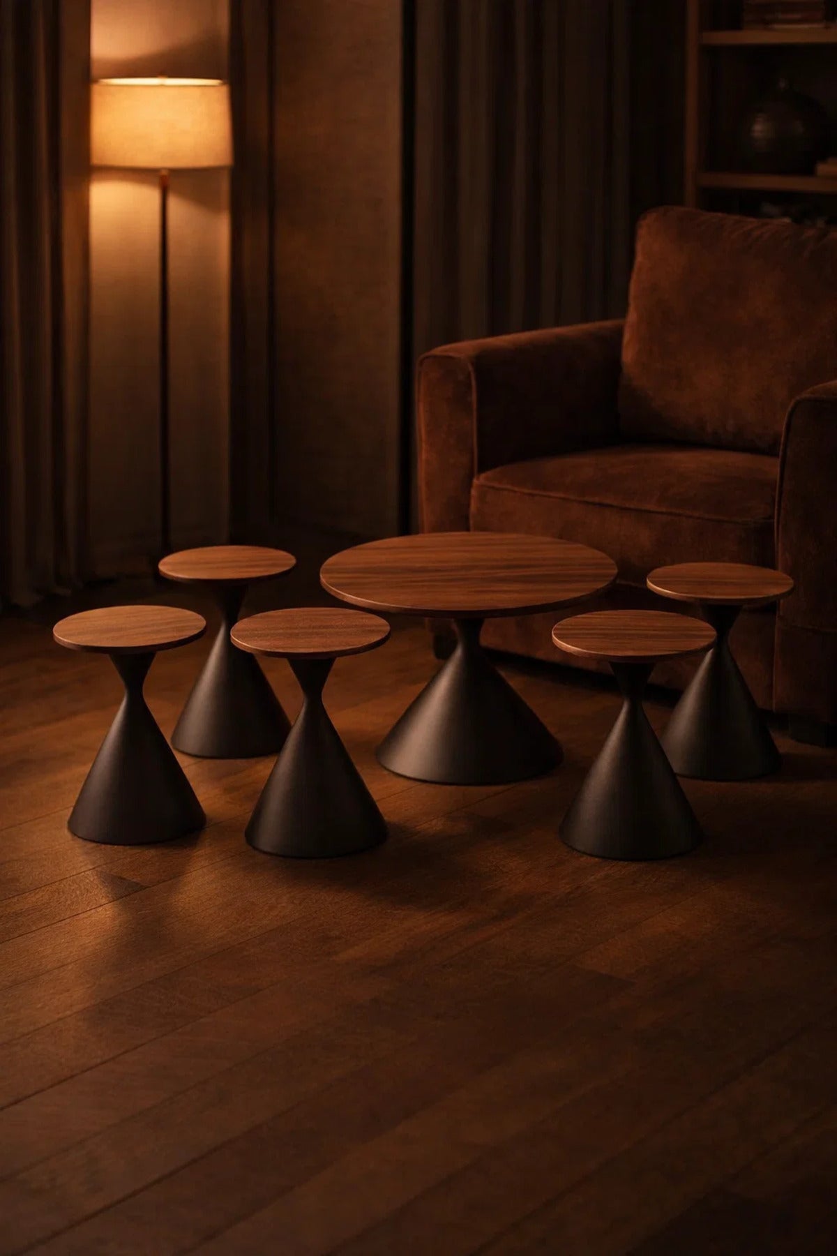 Modern 7-Piece Coffee Table Set Walnut Round Center Table and 6 Side Stands Living Room Decor