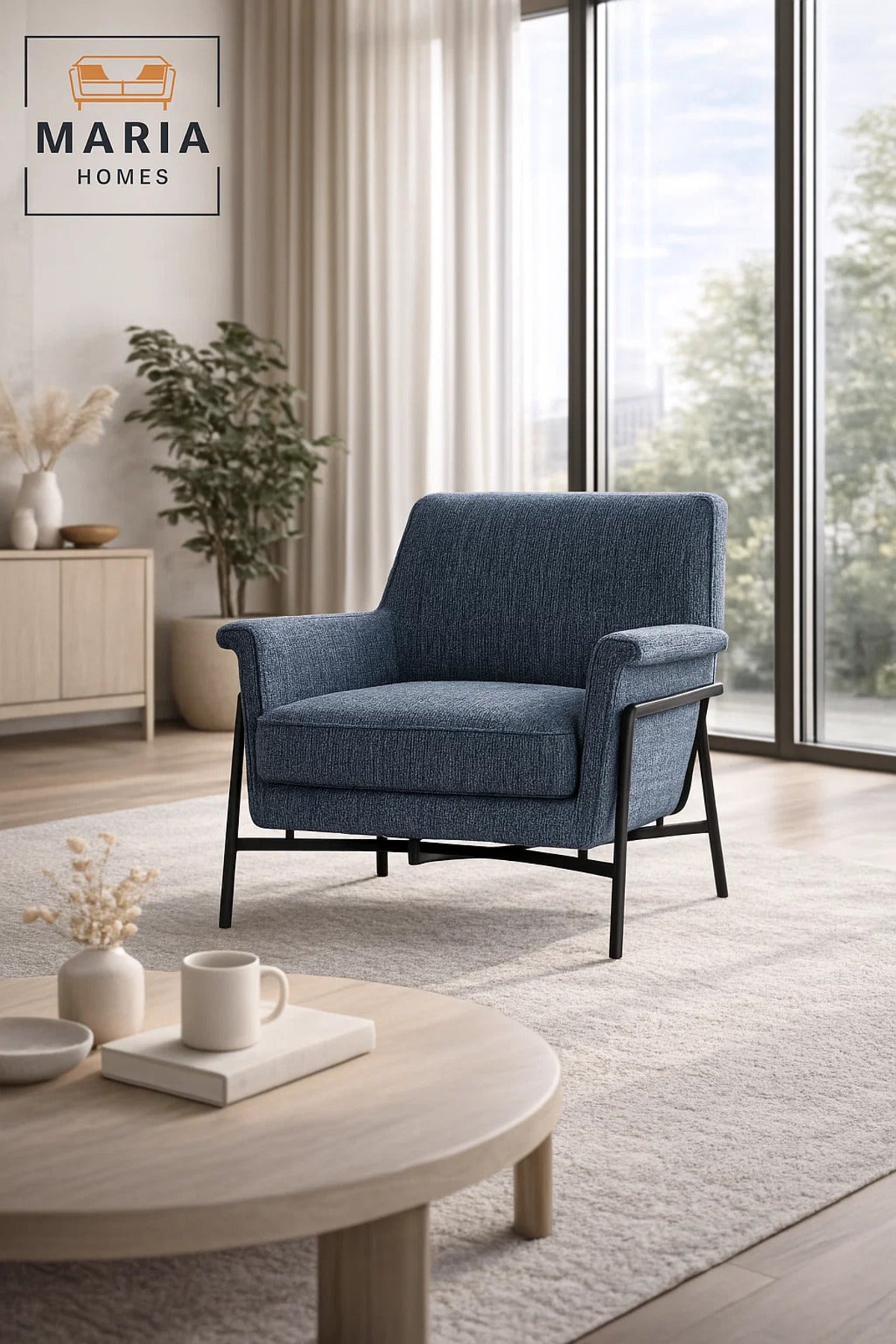 Modern Upholstered Armchair Blue Comfortable Accent Chair with Metal Frame