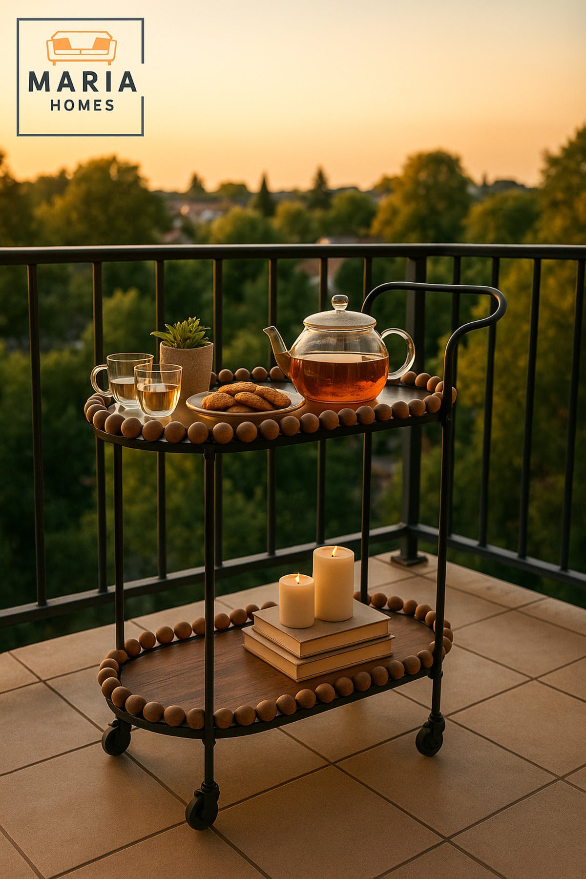 Brown & Black Oval Serving Trolley with Wooden Beads Ð 2-Tier Tea & Coffee Cart 70_40_84 cm