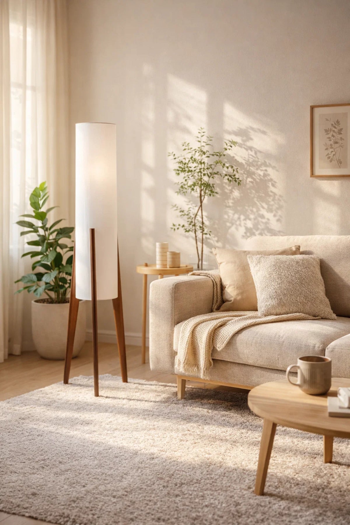 Modern Floor Lamp with Fabric Shade and Wooden Tripod Legs for Home Decor