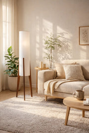 Modern Floor Lamp with Fabric Shade and Wooden Tripod Legs for Home Decor