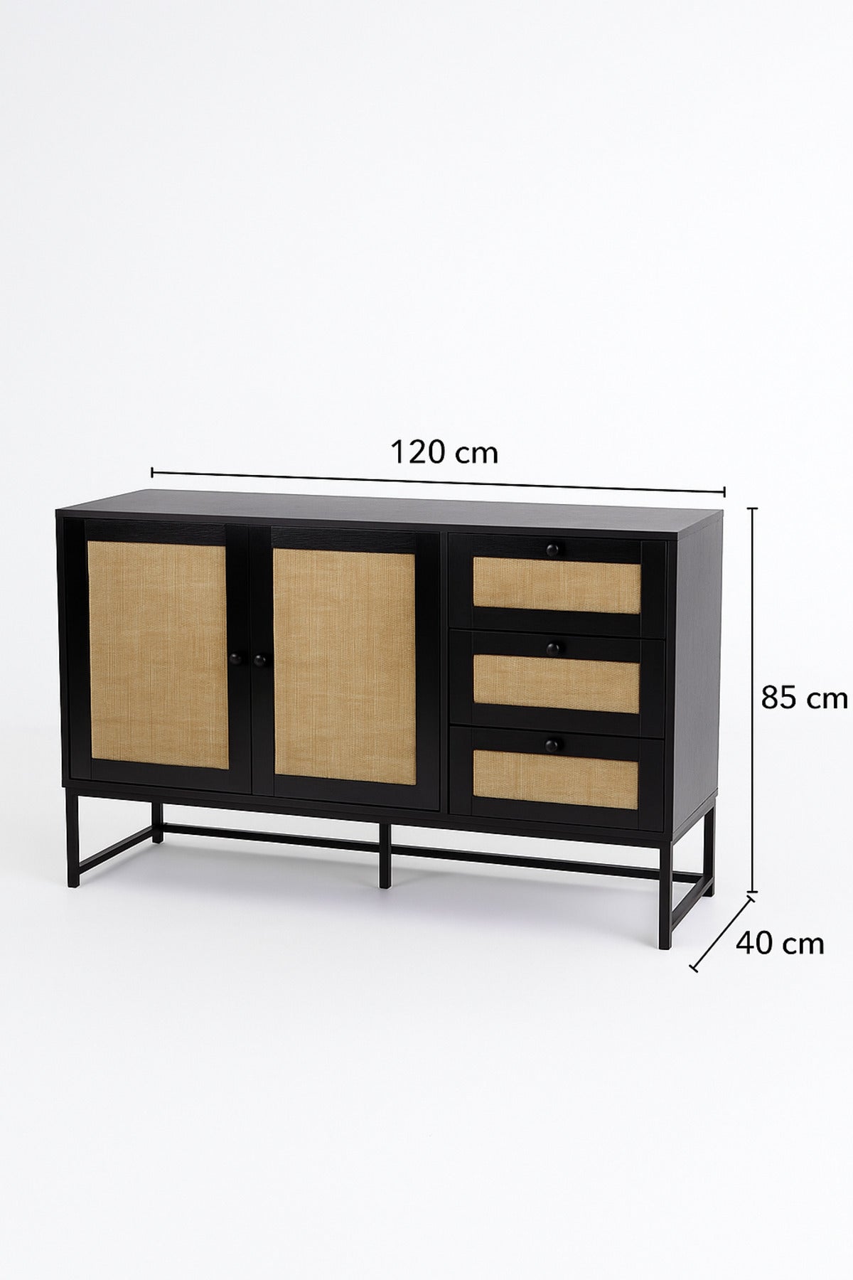 Black Rattan Console Table 120_40_85 cm Ð Modern Wooden Storage Cabinet with 2 Doors, 3 Drawers