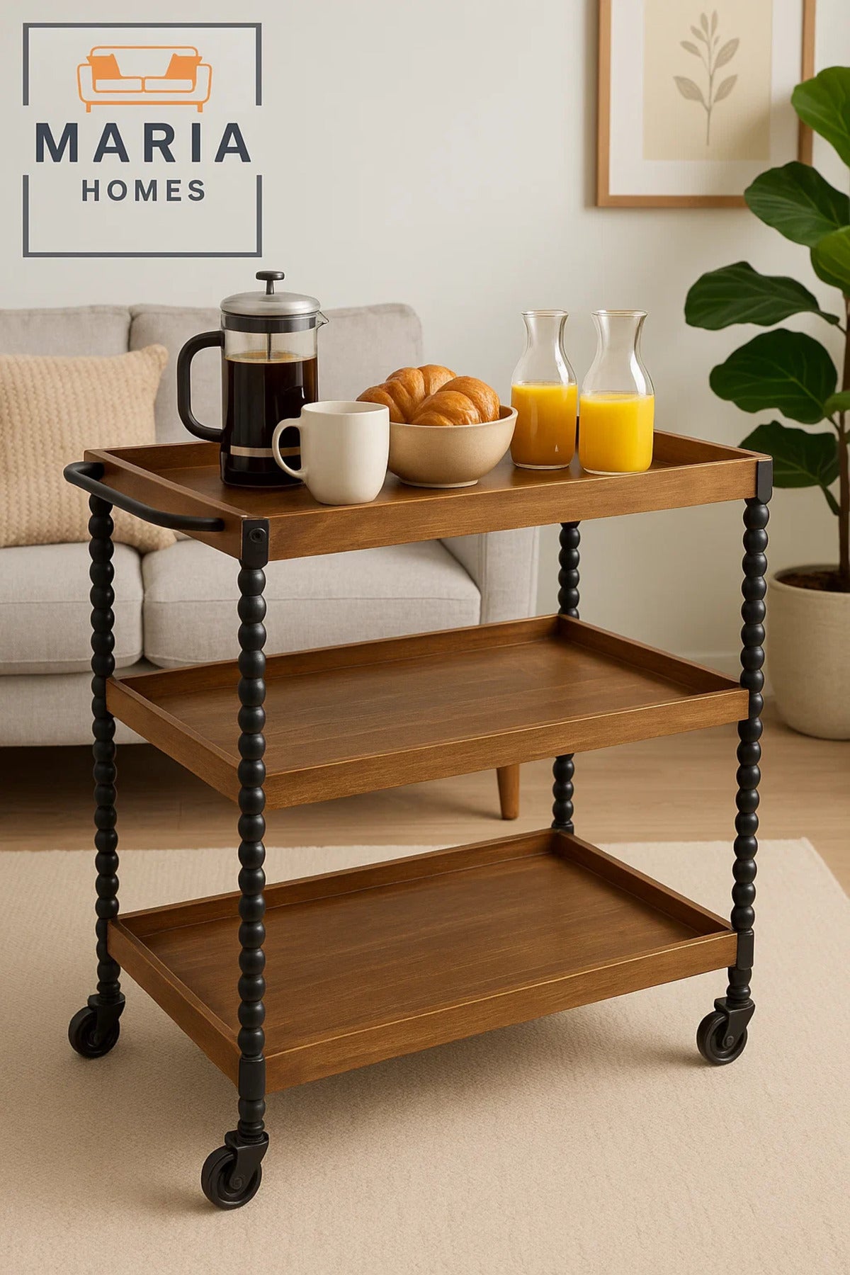 Rustic 3-Tier Wooden Bar Cart Ð Serving Trolley with Black Spindle Legs and Rolling Wheels